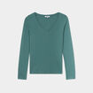 T-shirt col en V manches longues coton vert fonc&eacute; femme
