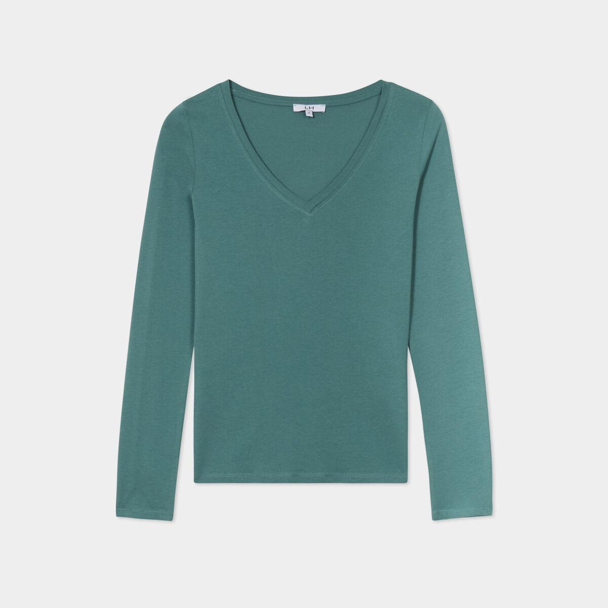 T-shirt col en V manches longues coton vert fonc&eacute; femme