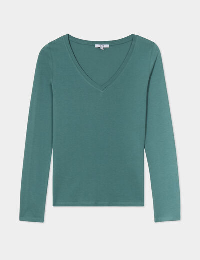 T-shirt col en V manches longues coton vert foncé femme