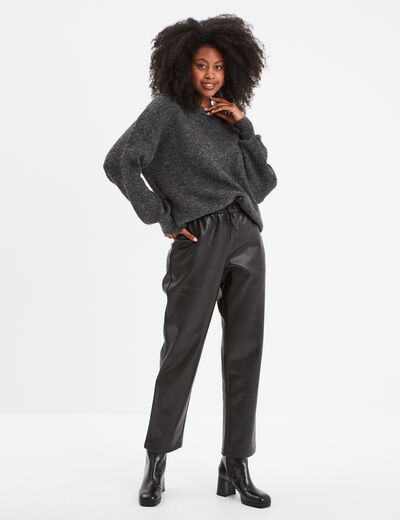 Pantalon simili cuir taille élastiquée noir femme