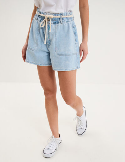 Short mom en jean ceinture cordon denim triple stone femme