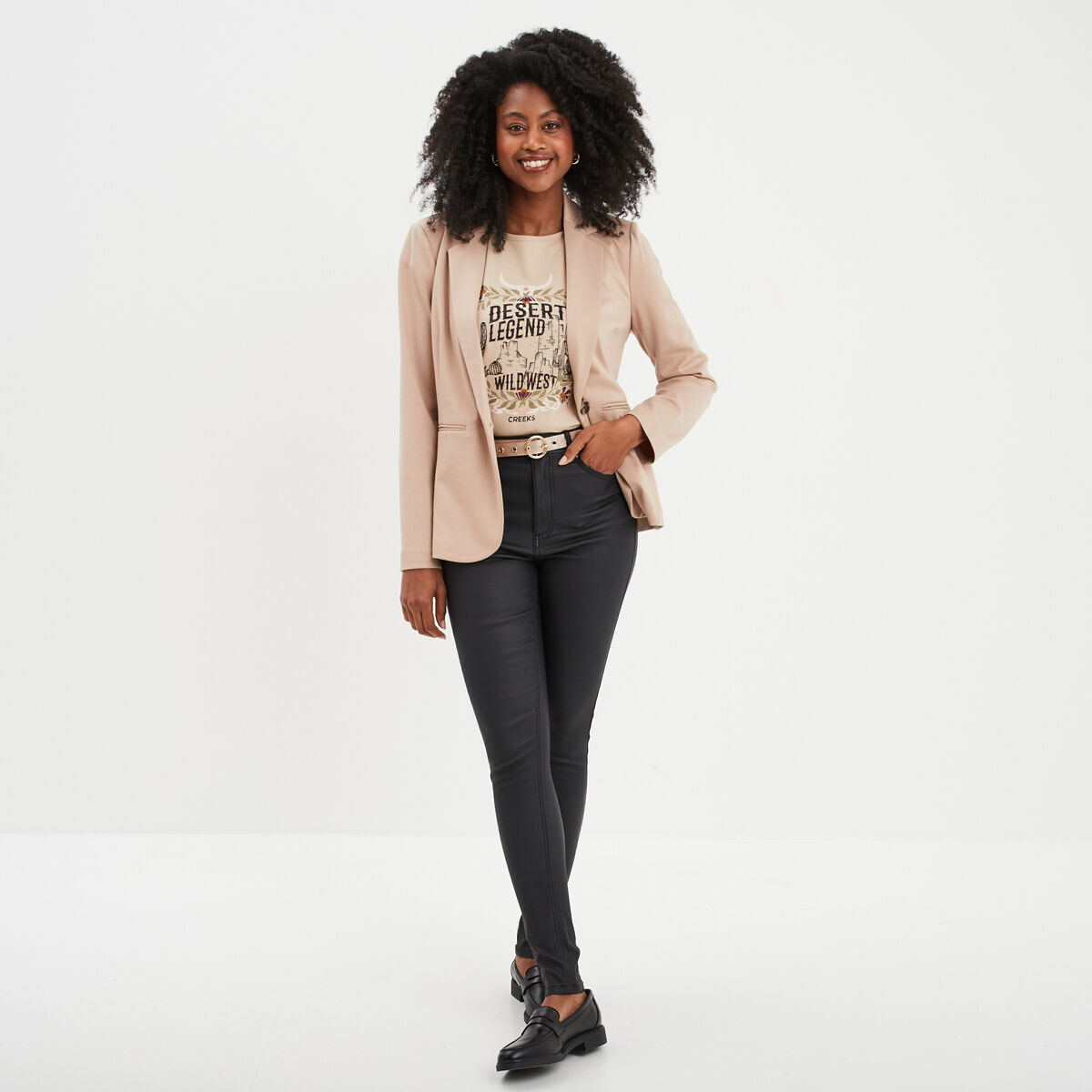 Veste blazer droite boutonnée 2 poches sable femme