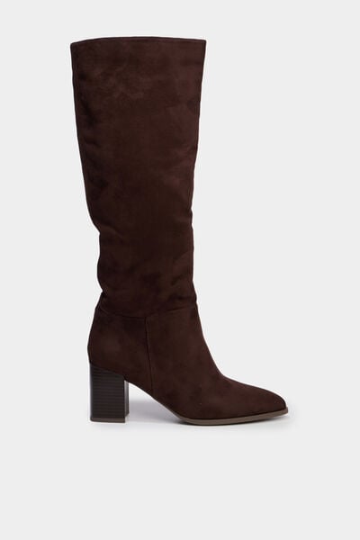 Botte haute talon bloc su&eacute;dine marron fonc&eacute; femme