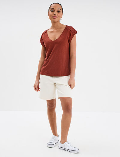 T-shirt épaules dentelle coton marron cognac femme