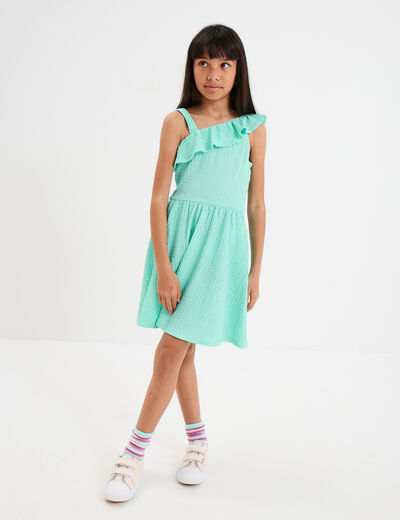 Robe courte col asymétrique à volants bleu turquoise fille