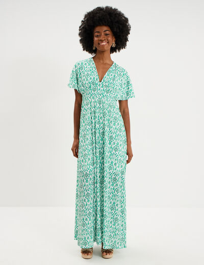 Robe longue gaufr&eacute;e manches courtes ecru femme