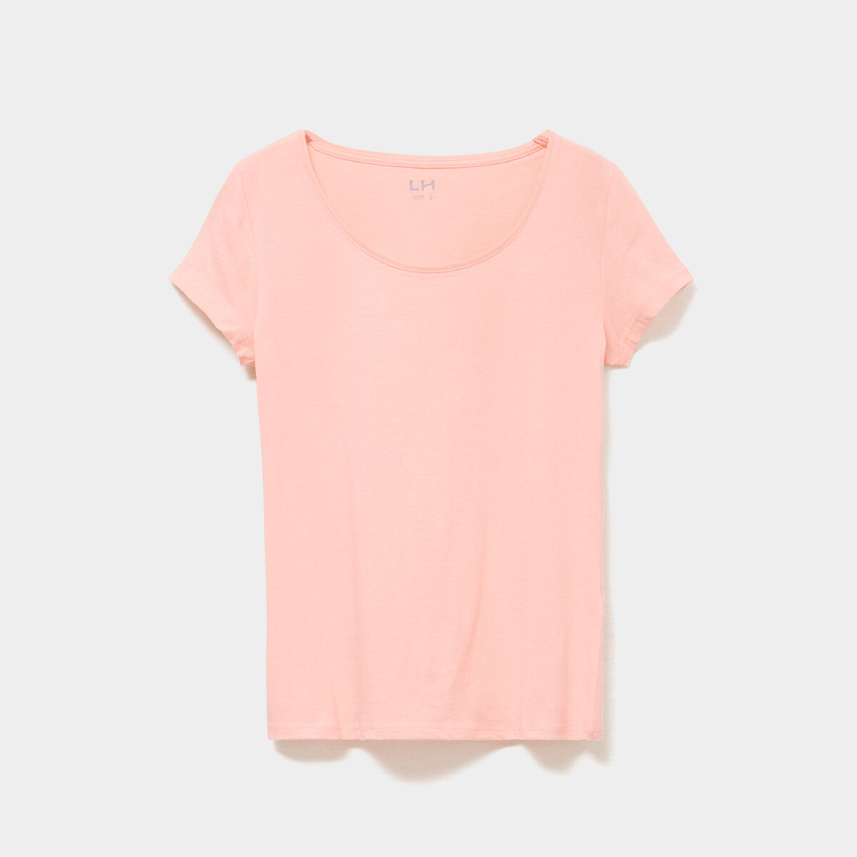 T-shirt coton col rond manches courtes rose poudr&eacute;e femme
