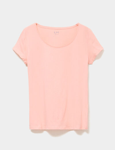 T-shirt coton col rond manches courtes rose poudr&eacute;e femme