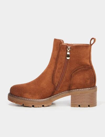 Bottines &agrave; talons effet daim zipp&eacute;es marron femme