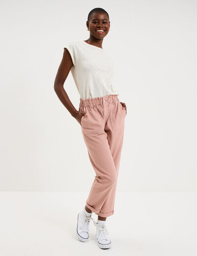 Pantalon paperbag cropped coton vieux rose femme