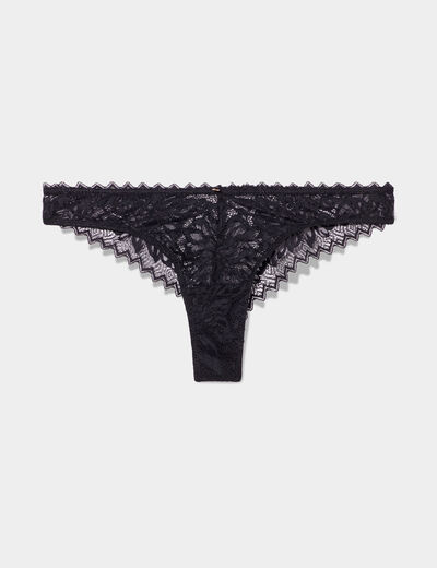 Tanga en dentelle avec bord festonn&eacute; noir femme