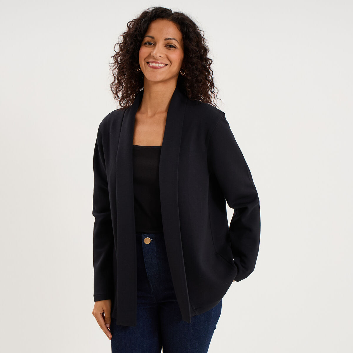 Blazer court col ch&acirc;le manches longues noir femme