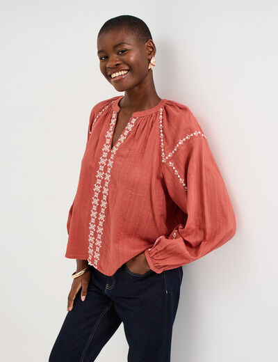 Blouse brod&eacute;e manches longues coton vieux rose femme