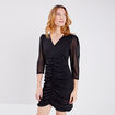Robe manches 3/4 à fronces noir femme