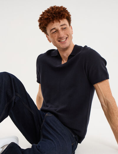 Polo manches courtes textur&eacute; coton bleu marine homme