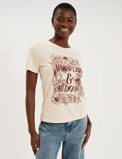 T-shirt ajust&eacute; manches courtes coton ivoire femme