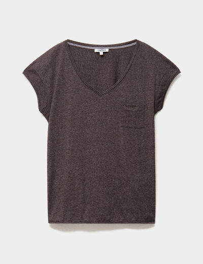 T-shirt col v poche poitrine marron fonc&eacute; femme