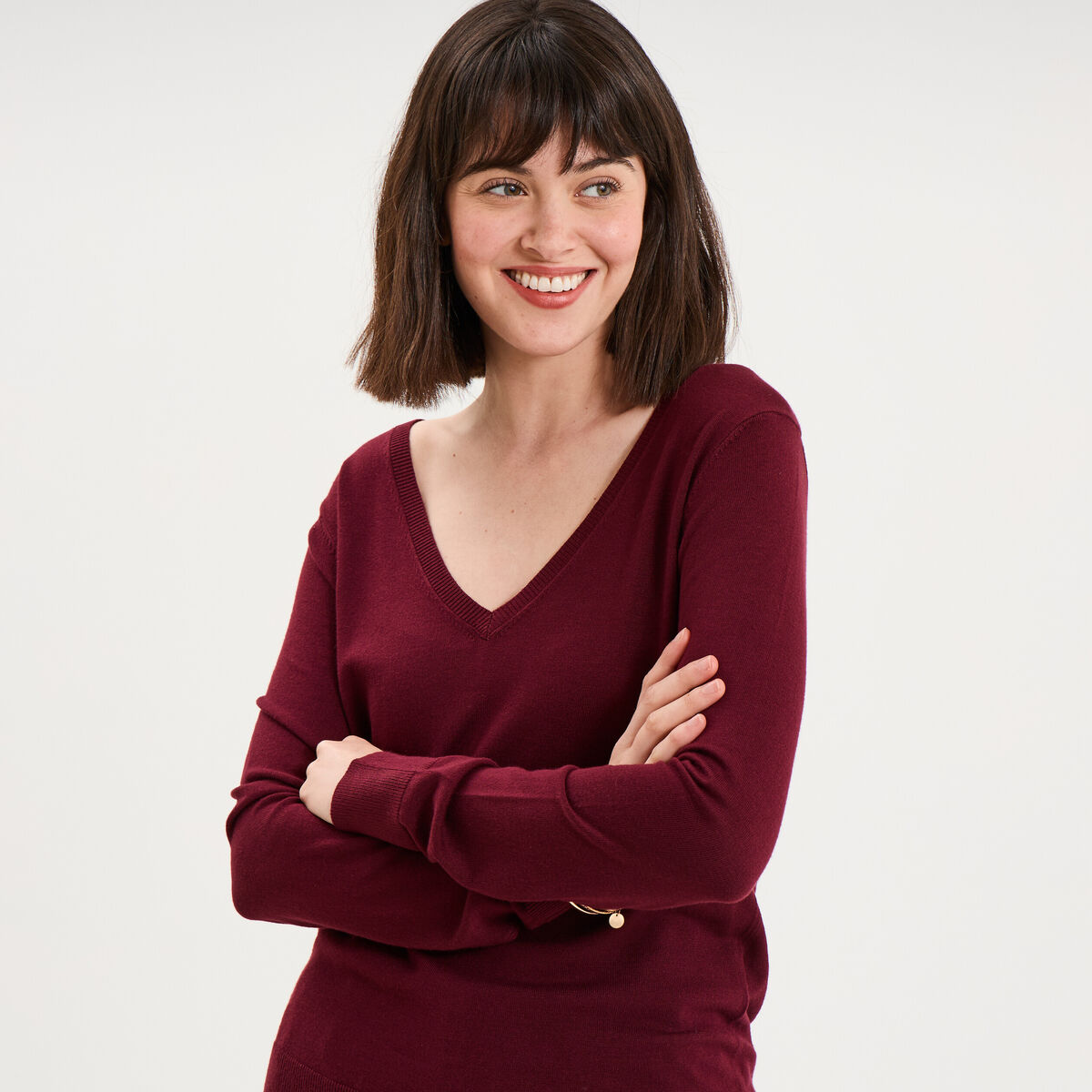 Pull col en V manches longues bordeaux femme