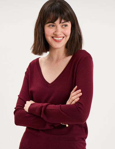 Pull col en V manches longues bordeaux femme