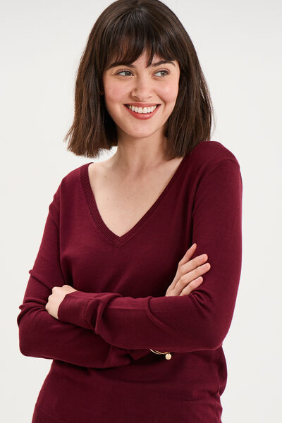 Pull col en V manches longues bordeaux femme