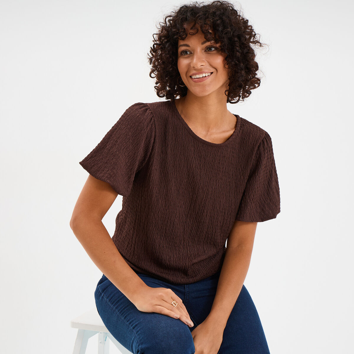 T-shirt manches courtes ballons marron foncé femme