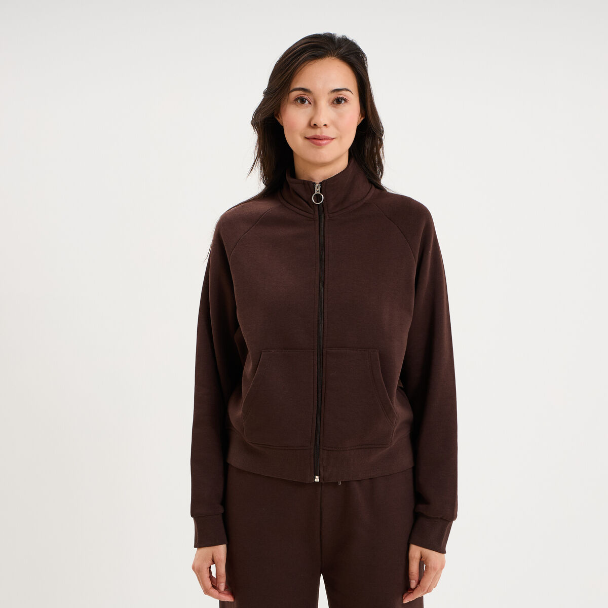 Sweat zipp&eacute; molleton col montant marron fonc&eacute; femme