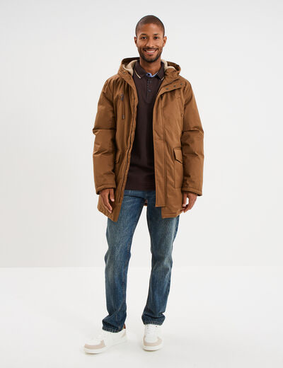 Parka mi-longue doubl&eacute;e &agrave; capuche marron homme