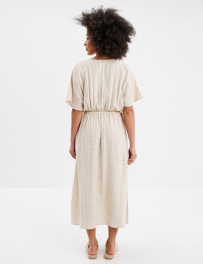 Robe midi cordons taille évasée beige femme