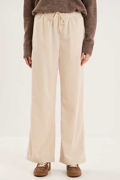 Pantalon large effet velours c&ocirc;tel&eacute; sable femme