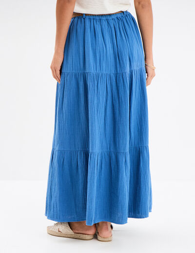 Jupe longue gaze de coton ceinturée bleu foncé femme
