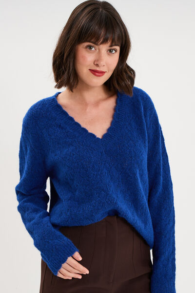 Pull col V ajour&eacute; manches longues bleu roi femme