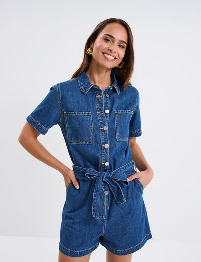 Combishort en jean ceinturée coton denim stone femme