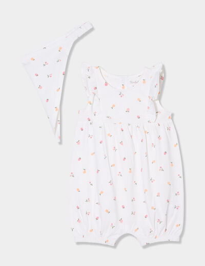 Ensemble combinaison avec bandeau coton ecru bébé fille