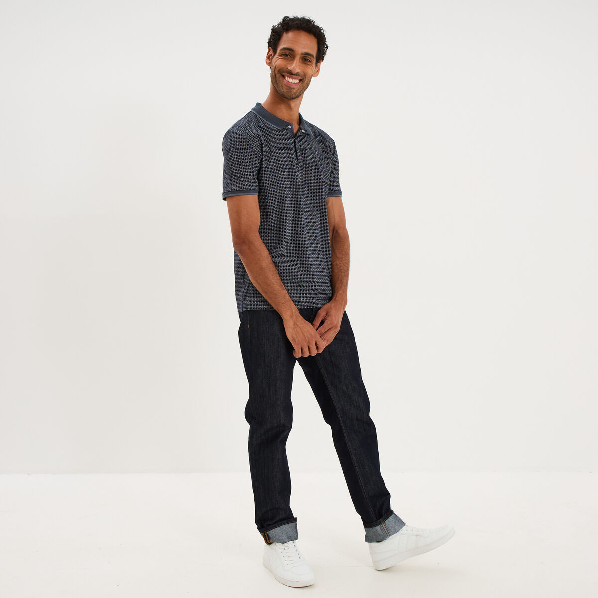 Polo slim manches courtes stretch bleu marine homme