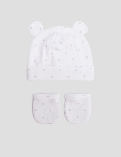 Ensemble bonnet et moufles coton blanc bébé