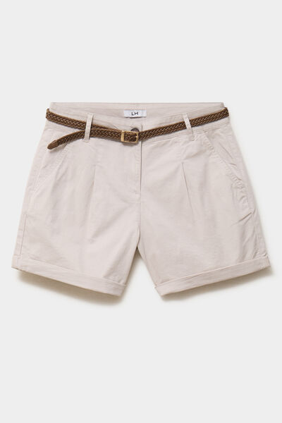 Short chino ceinture tress&eacute;e beige femme