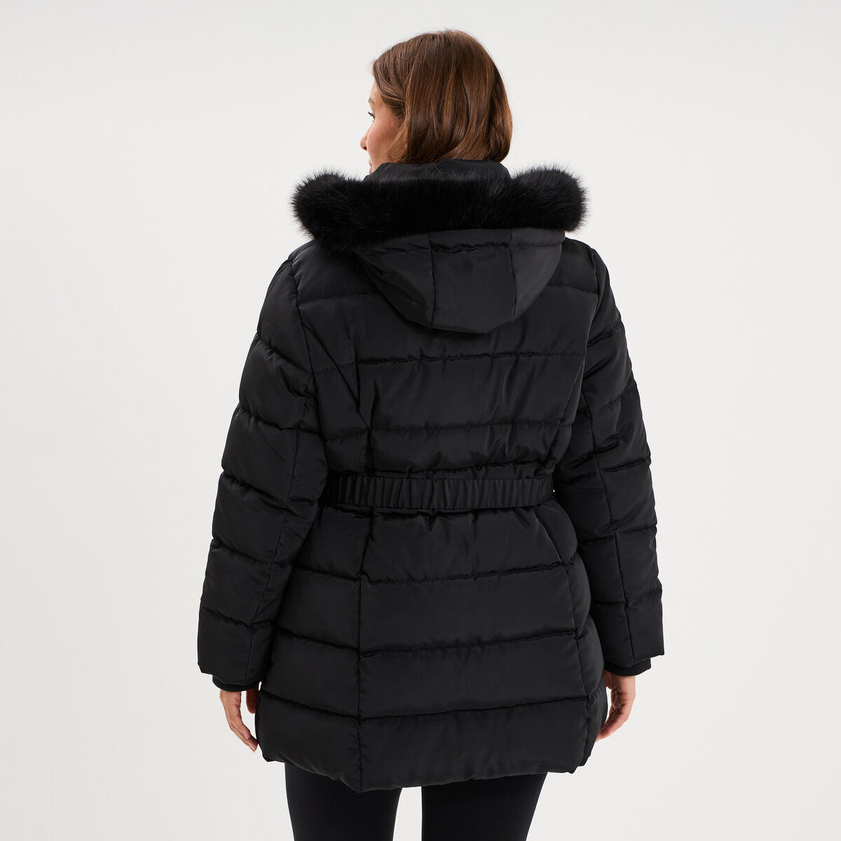 Doudoune mi-longue ceintur&eacute;e &agrave; capuche noir femme grande taille