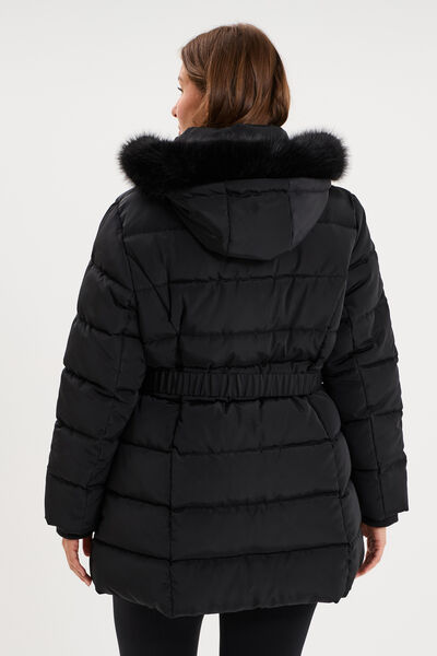 Doudoune mi-longue ceintur&eacute;e &agrave; capuche noir femme grande taille