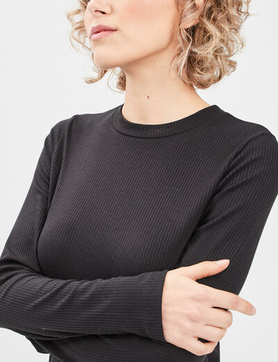 T-shirt côtelé manches longues noir femme