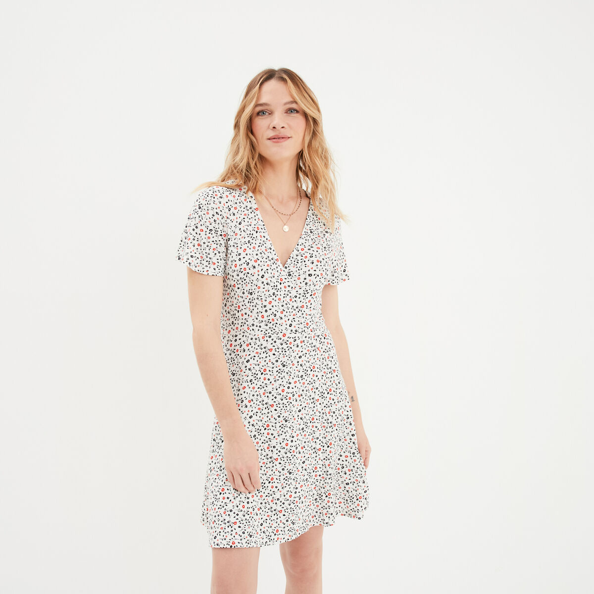Robe patineuse manches courtes ecru femme
