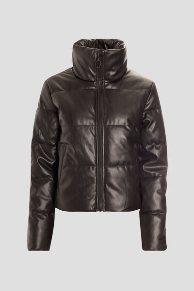 Doudoune droite simili cuir noir femme