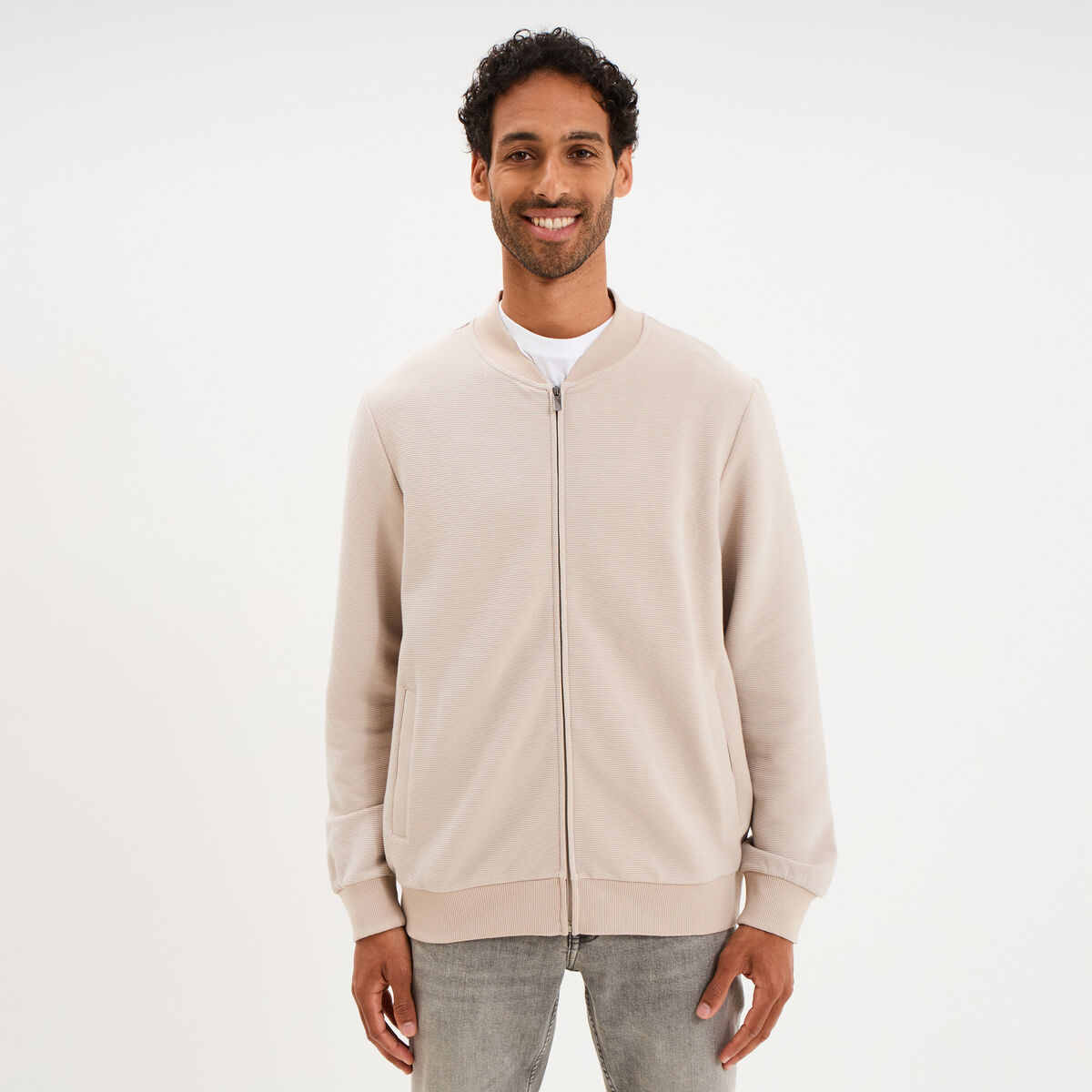 Gilet reli&eacute;f&eacute; manches longues zipp&eacute; gris clair homme