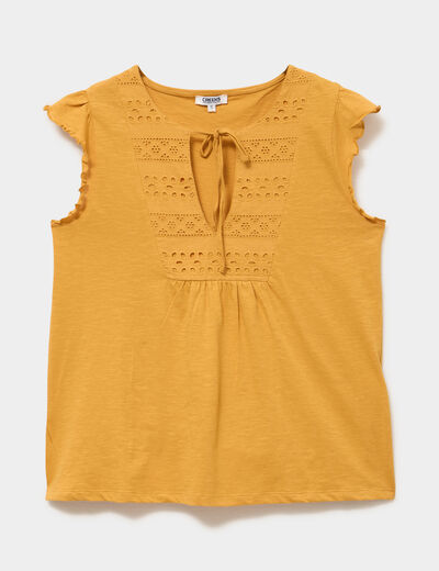 T-shirt avec broderie coton jaune moutarde femme