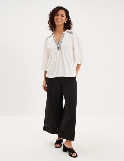 Blouse col tunisien brod&eacute; coton blanc femme