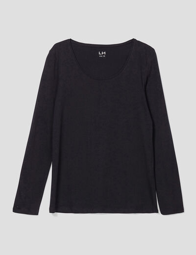 T-shirt coton col rond manches longues noir femme