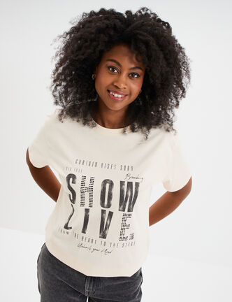 T-shirt strass et manches courtes creme femme