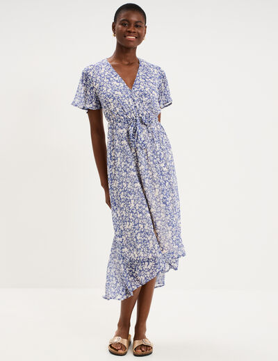 Robe longue &eacute;vas&eacute;e col cache-coeur bleu femme