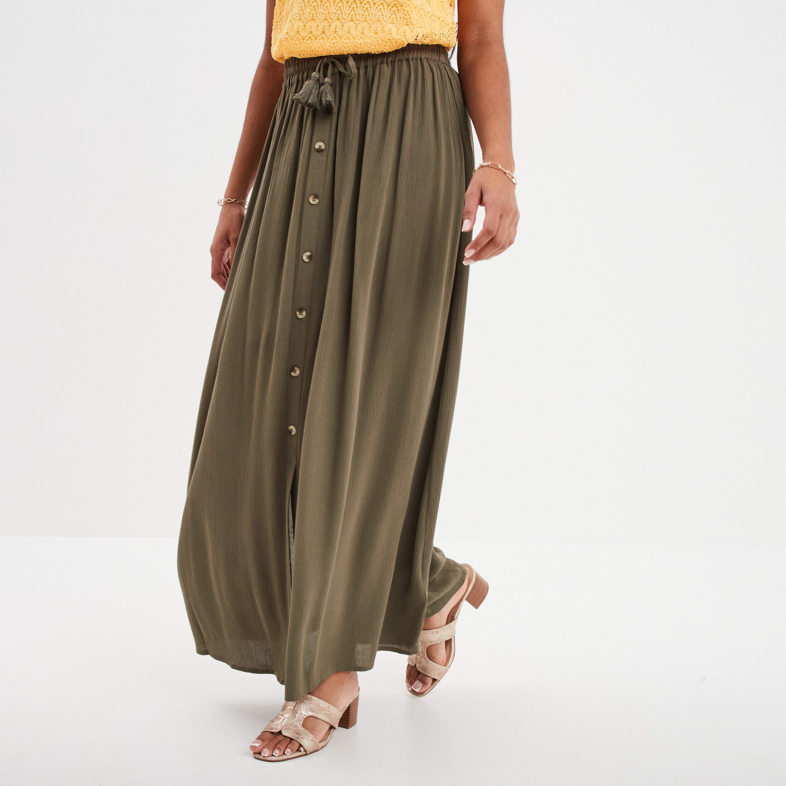 Jupe longue fluide avec boutons vert kaki femme LH