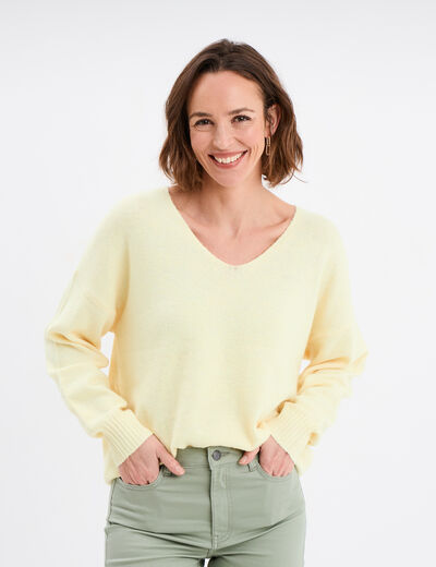 Pull col en V manches longues jaune clair femme