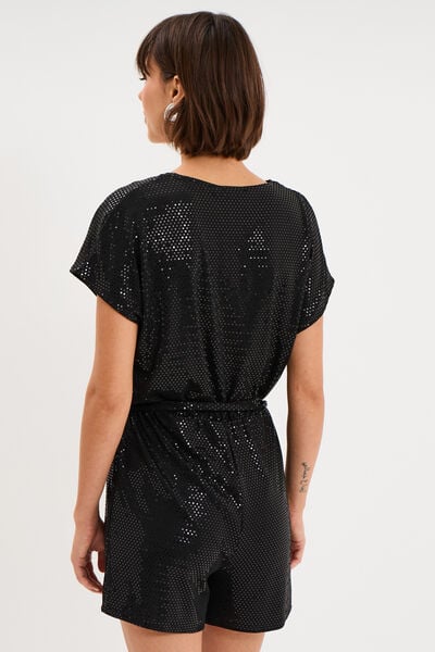 Combishort &agrave; paillettes manches courtes noir femme